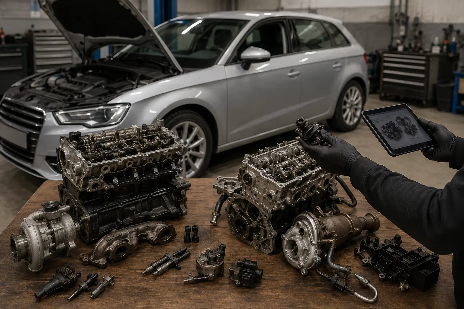 Audi 2.0 TFSI in der Werkstatt mit Vergleich unterschiedlicher Motorbauteile