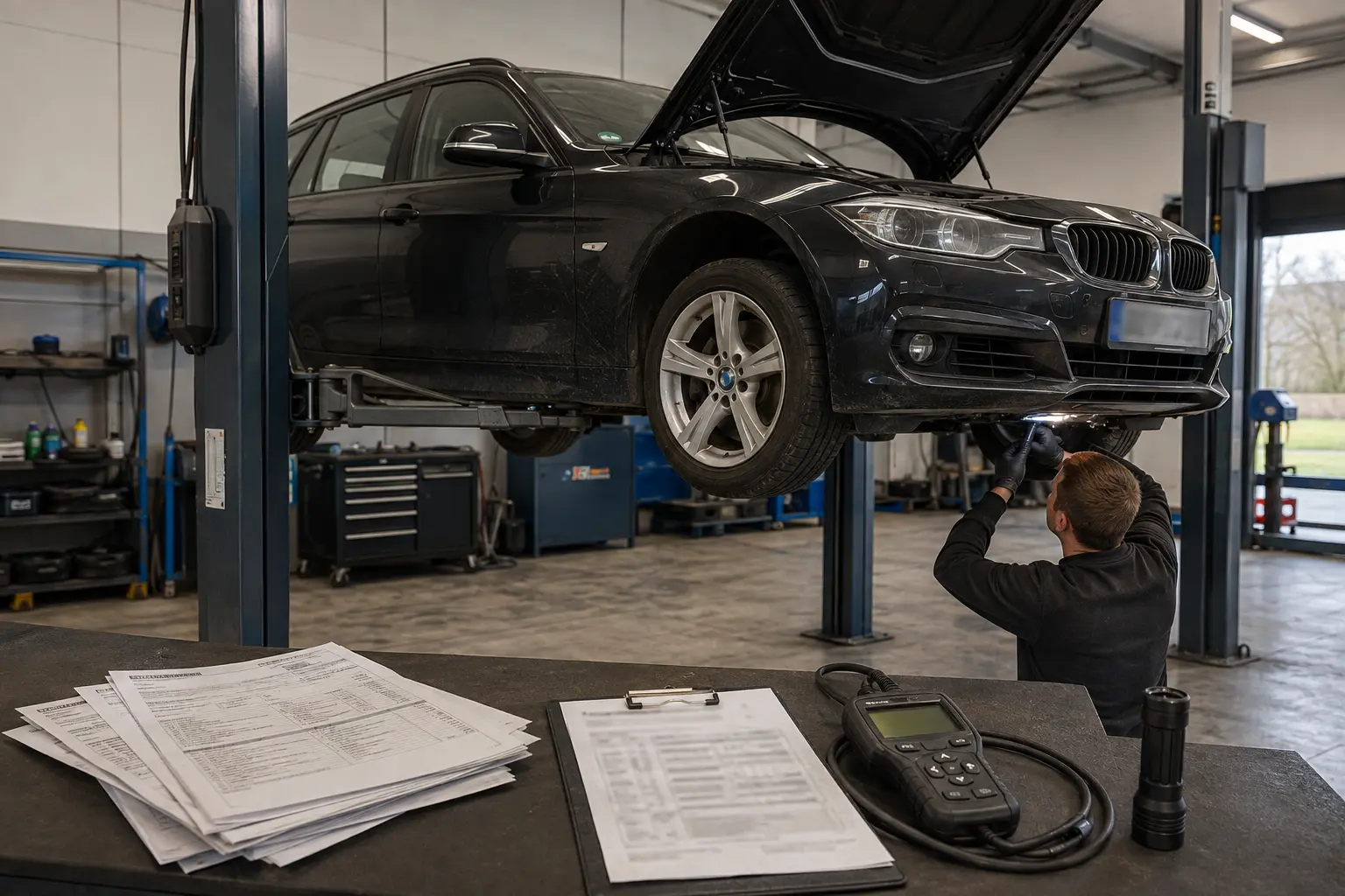 Gebrauchtwagenpr&uuml;fung eines BMW N47 Diesels auf einer Hebeb&uuml;hne