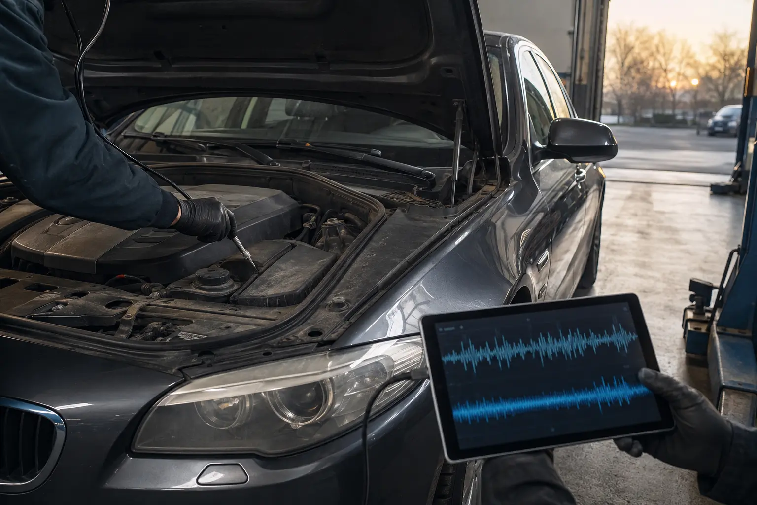 Kaltstart-Diagnose am BMW N47 mit Stethoskop und Messger&auml;t