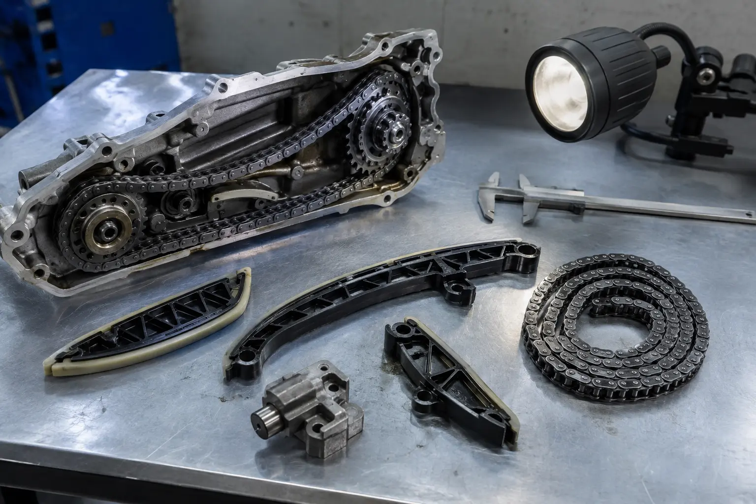 Steuerkette, F&uuml;hrungsschienen und Spanner eines BMW N47 Dieselmotors