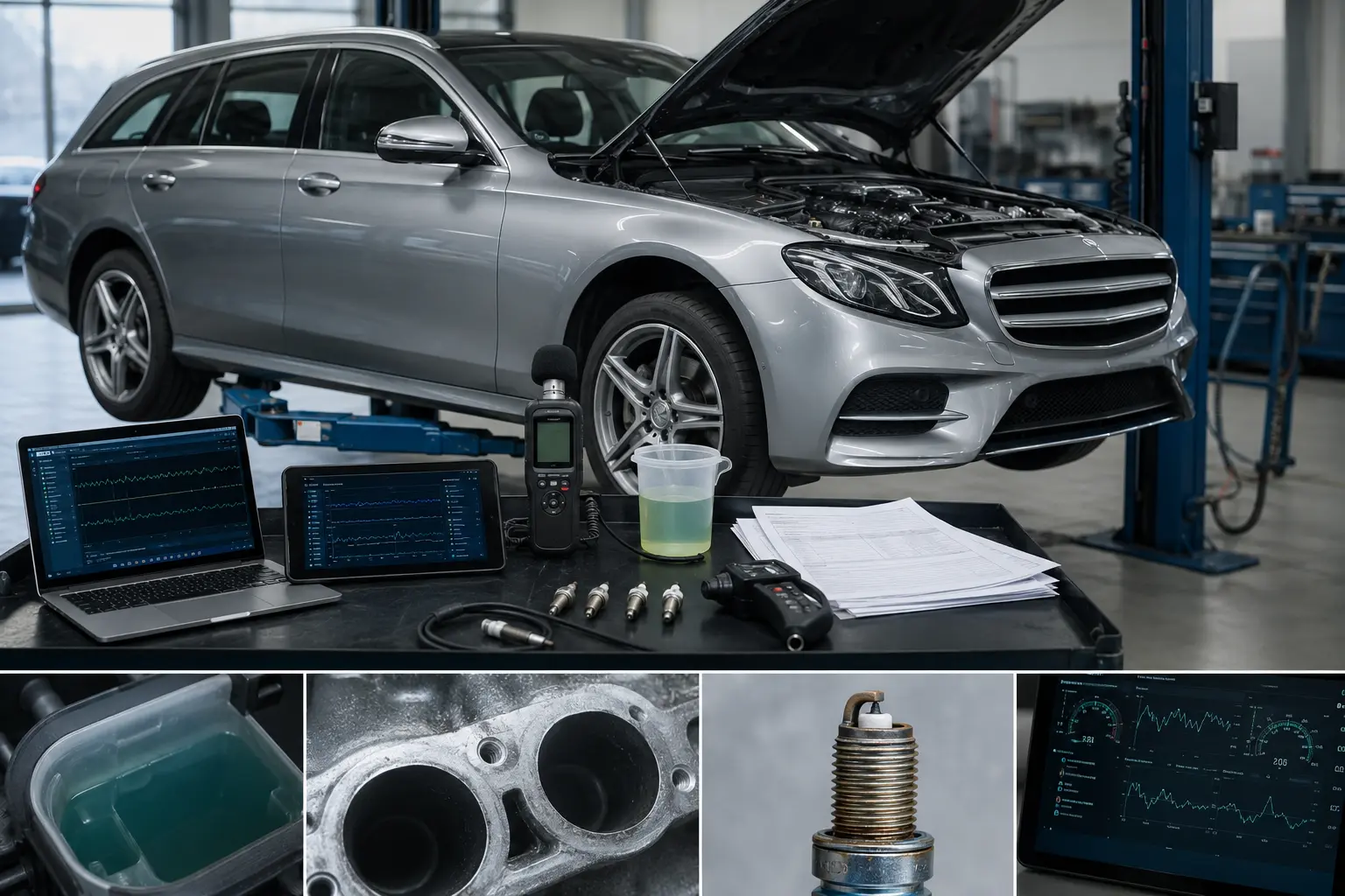 Gebrauchtwagenprüfung eines Mercedes M274 mit Diagnosetechnik und Unterlagen