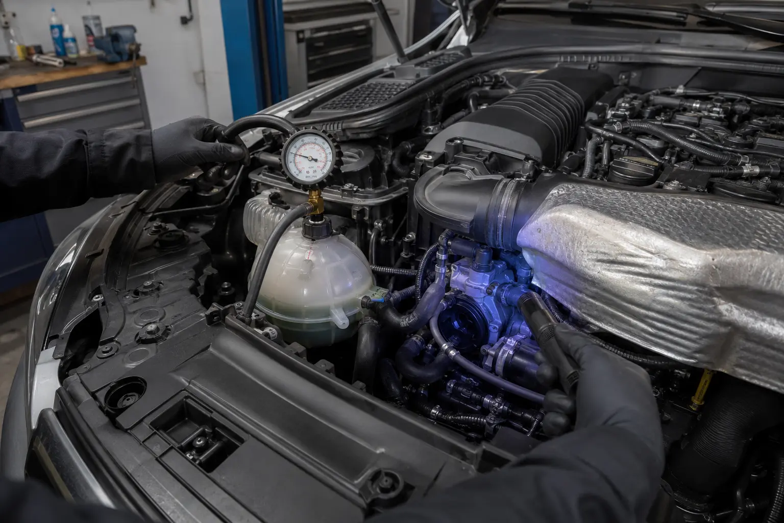 Druckprüfung des Kühlsystems an einem Mercedes M274 Motor