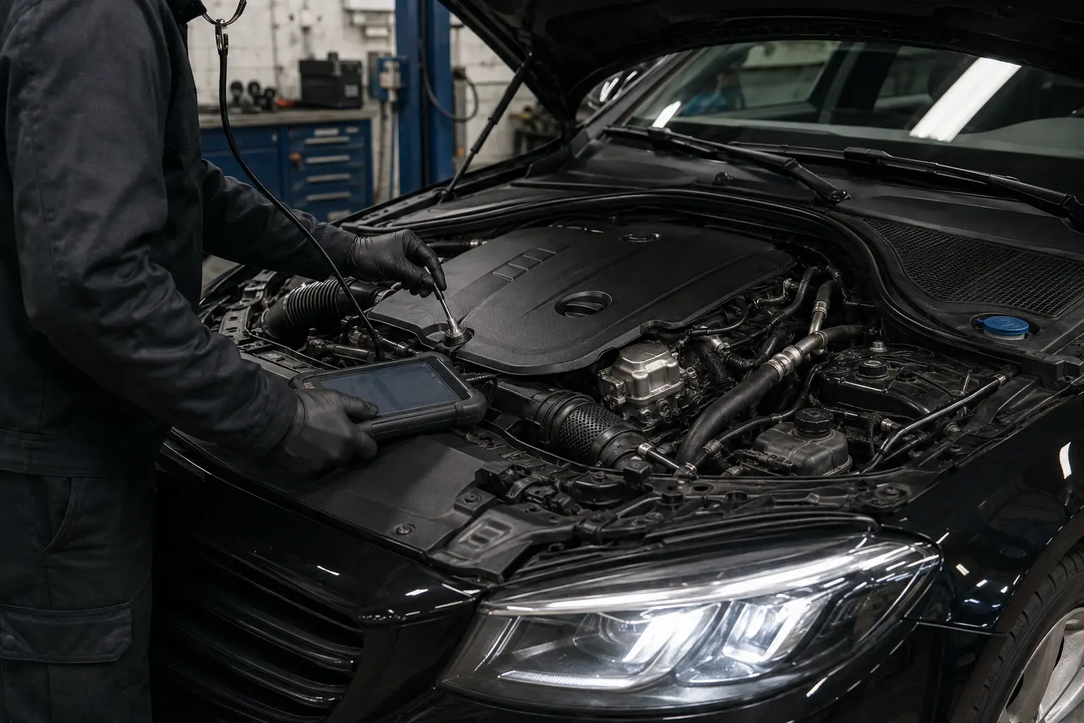 Mercedes M274 bei der Kaltstart-Diagnose in einer freien Werkstatt