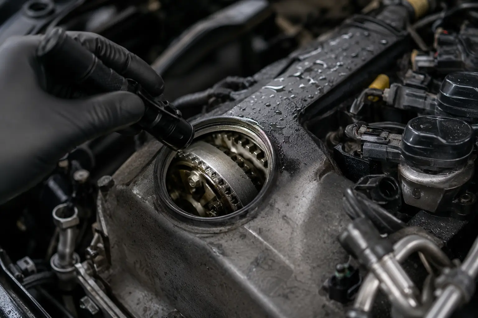 Sichtpr&uuml;fung des Zahnriemens im &Ouml;l bei einem Opel 1.2 Turbo